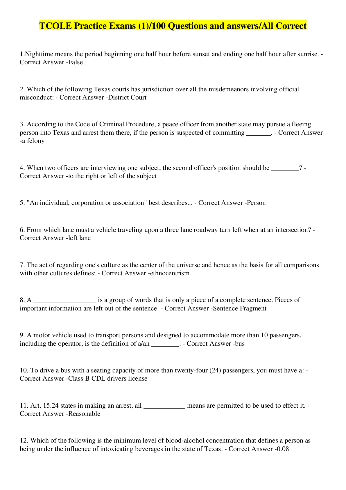 Preview image for TCOLE Practice Exams (1)/100 Questions and answers/All Correct